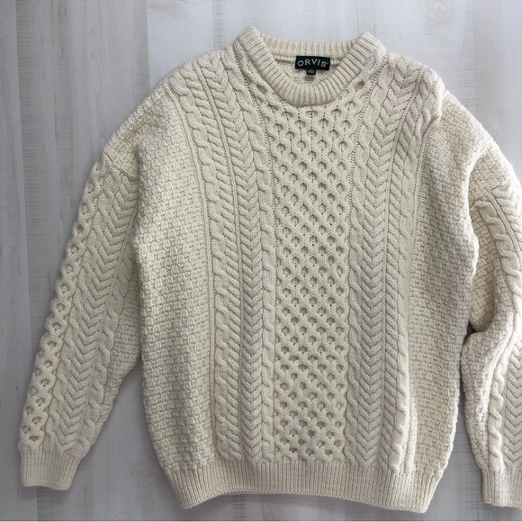 rare ORVIS men’s Irish fishing fisherman sweater pullover 100% wool cream knit - Picture 3 of 10
